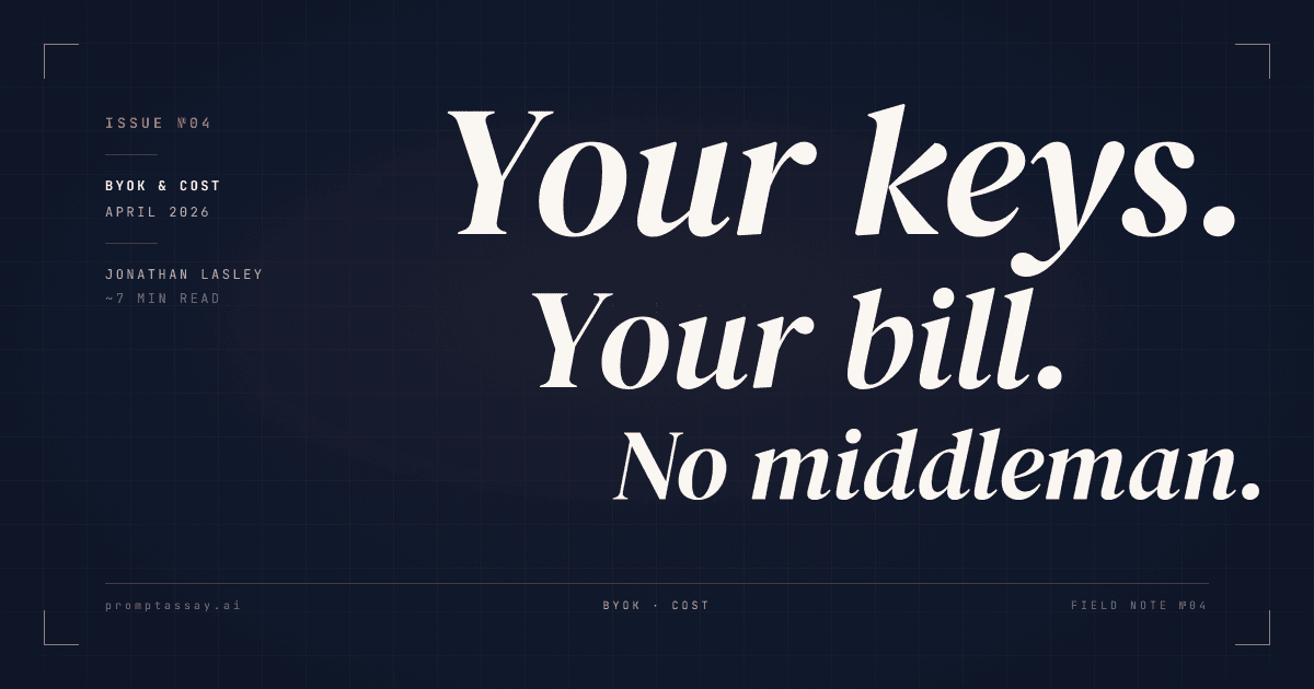 Italic 'Your keys. Your bill. No middleman.' stepped down a navy specimen plate with copper registration marks.