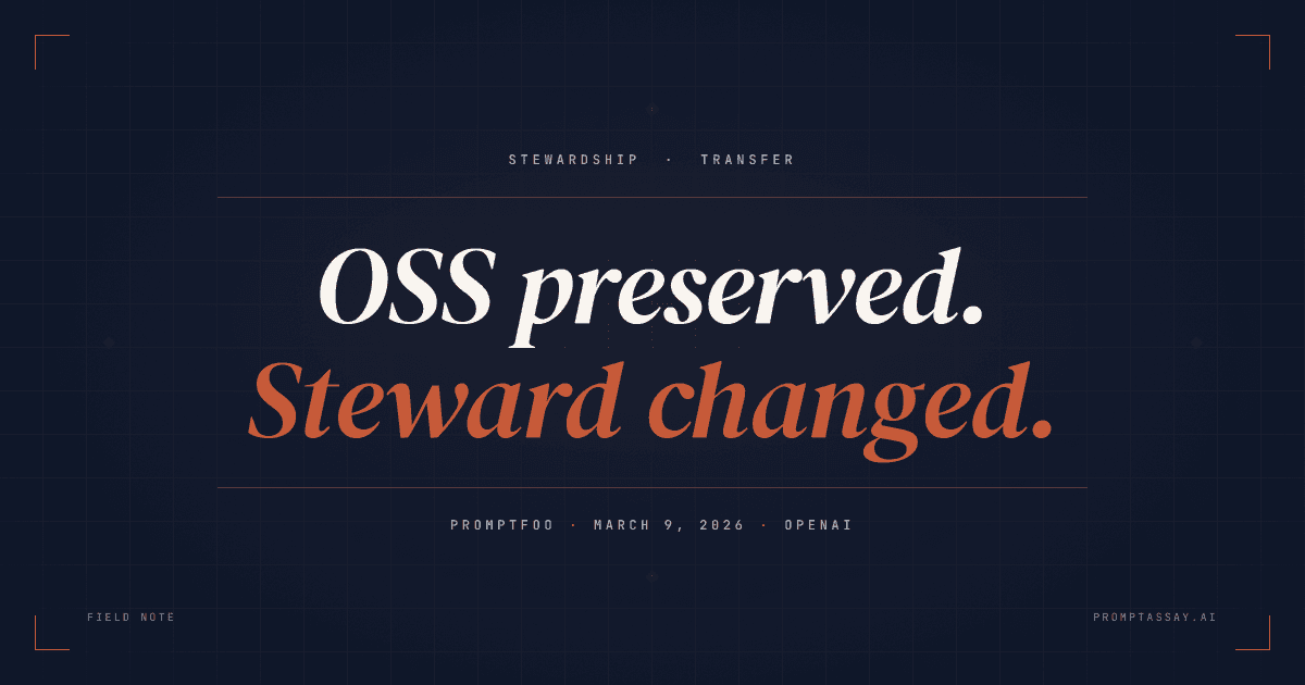 Editorial cover: 'OSS preserved.' over 'Steward changed.' in italic copper, naming Promptfoo's OpenAI acquisition.